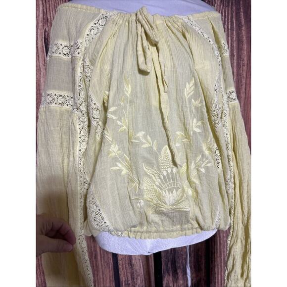 Free People Blouse Boho Yellow Embroidered Sz Small Oversized Off Shoulder Crop - Picture 3 of 9